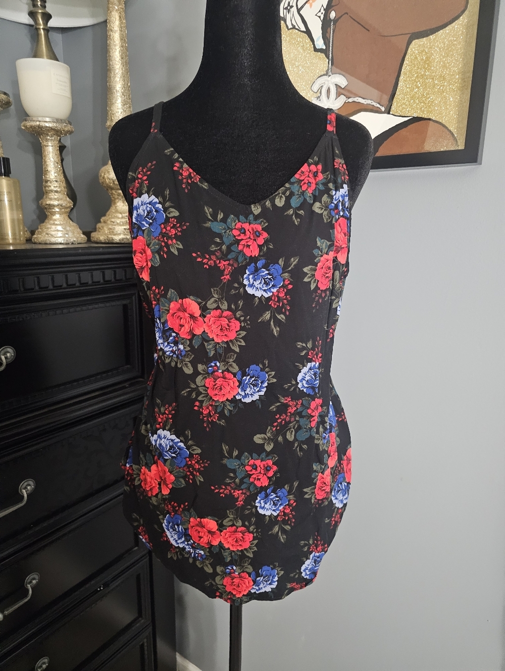 torrid Black Floral Cami with Red and Blue Roses